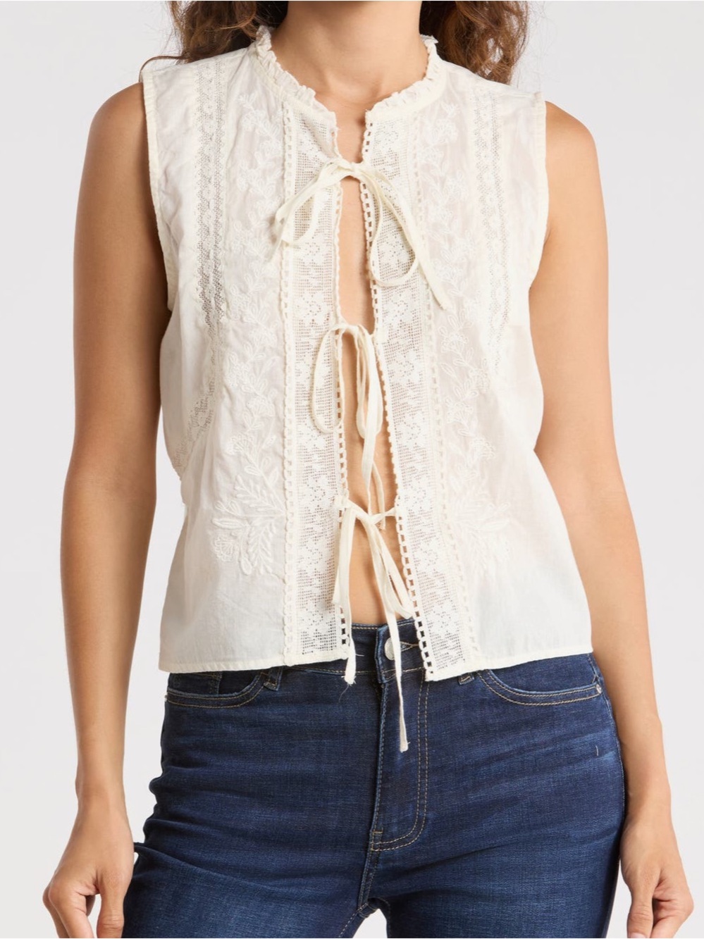 Joie Cream Embroidered Tie-Front Sleeveless Top